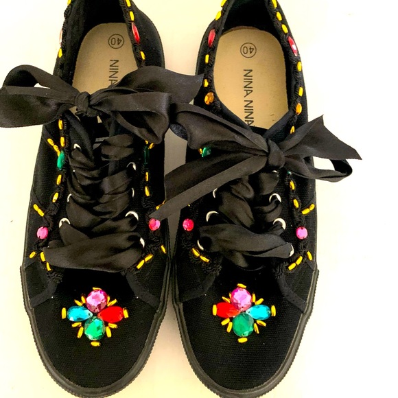 Black linen sneakers Shiny Multi-color acrylic beadings & Black Satin Laces - Picture 1 of 8